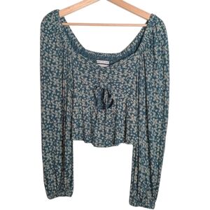 Urban Outfitters Green Floral Cropped Top Key Hole Smocked Long Sleeve